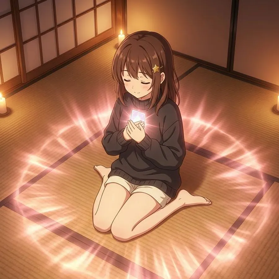 畳の上でひざまずく少女の胸もとに、光の輪がひろがる