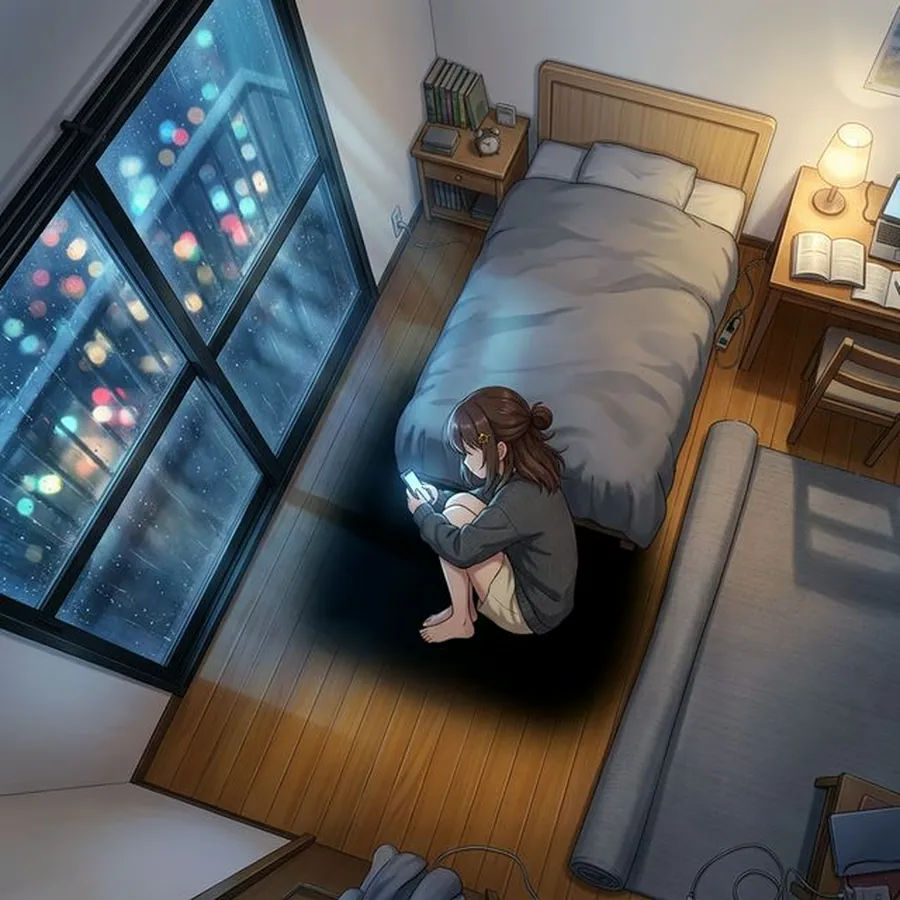夜の部屋で、ベッドの上に座りスマホを見つめる少女