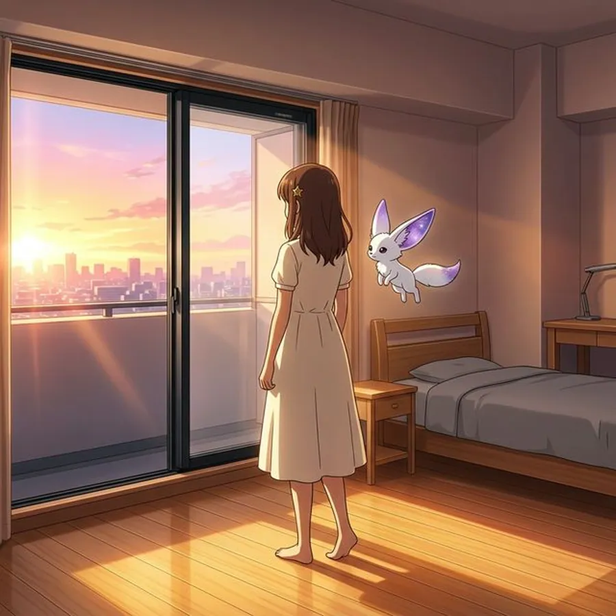 朝の光が差しこむ部屋で、少女のそばに小さなフェネックが浮かぶ