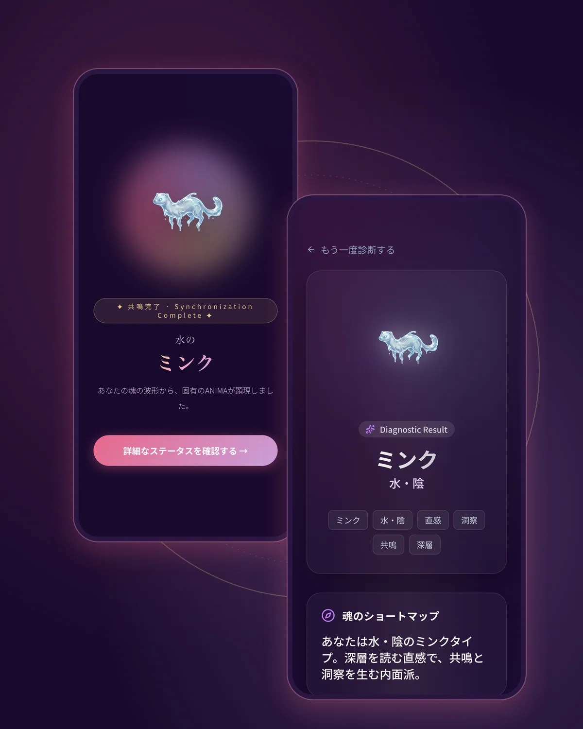 診断の画面: 化身があらわれる場面と、ミンク (水・陰) の診断結果