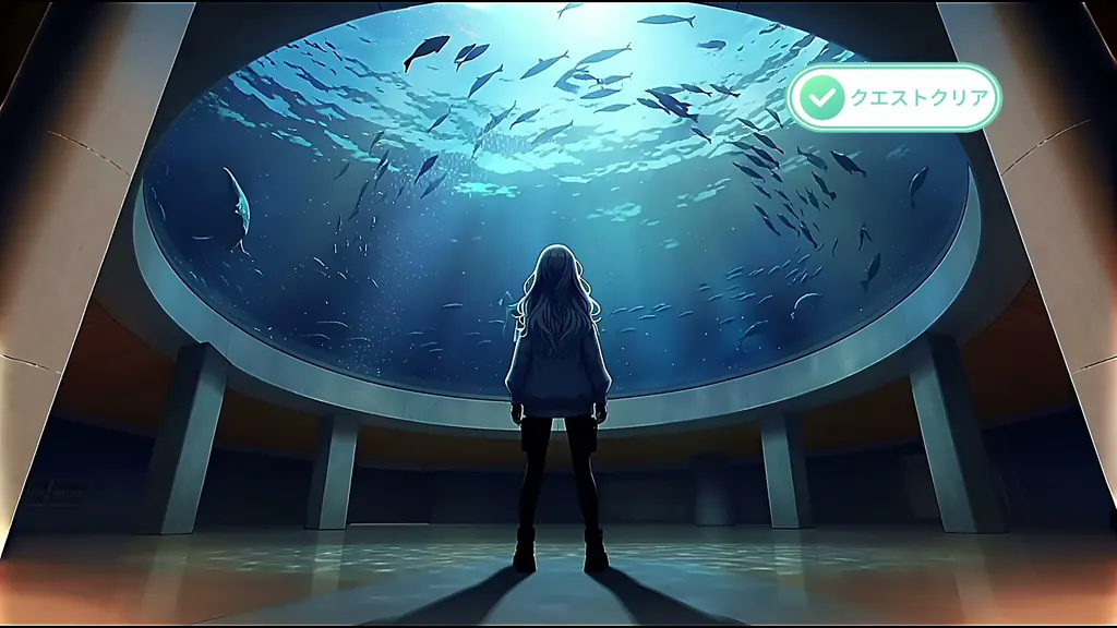 水族館のドームを見上げる冒険者と「クエストクリア」の表示
