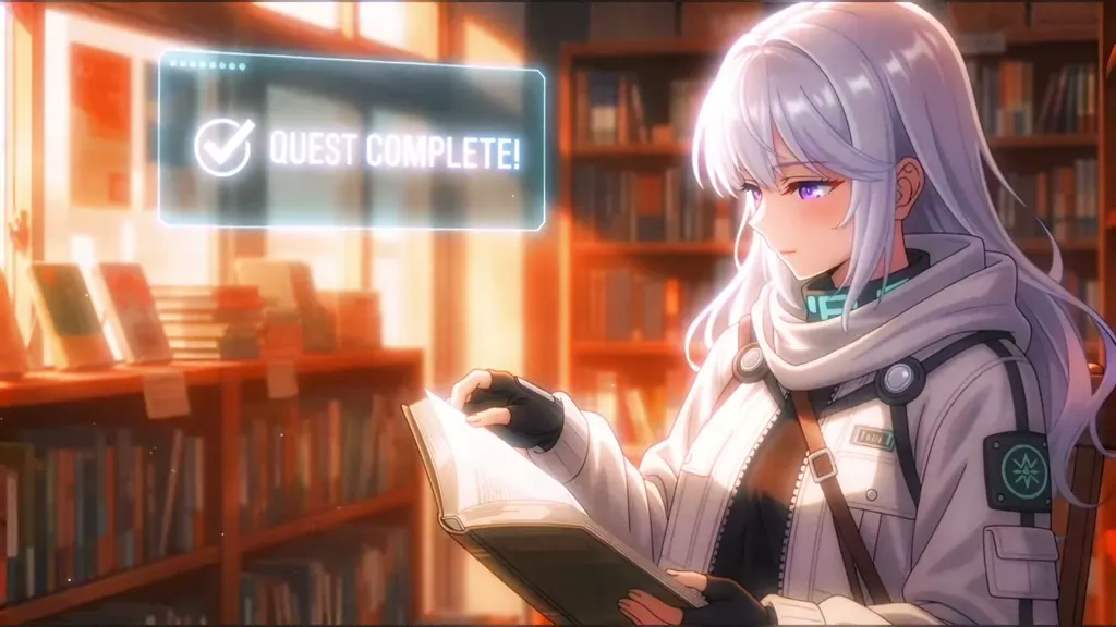 本屋で本をひらく冒険者と「QUEST COMPLETE!」の表示
