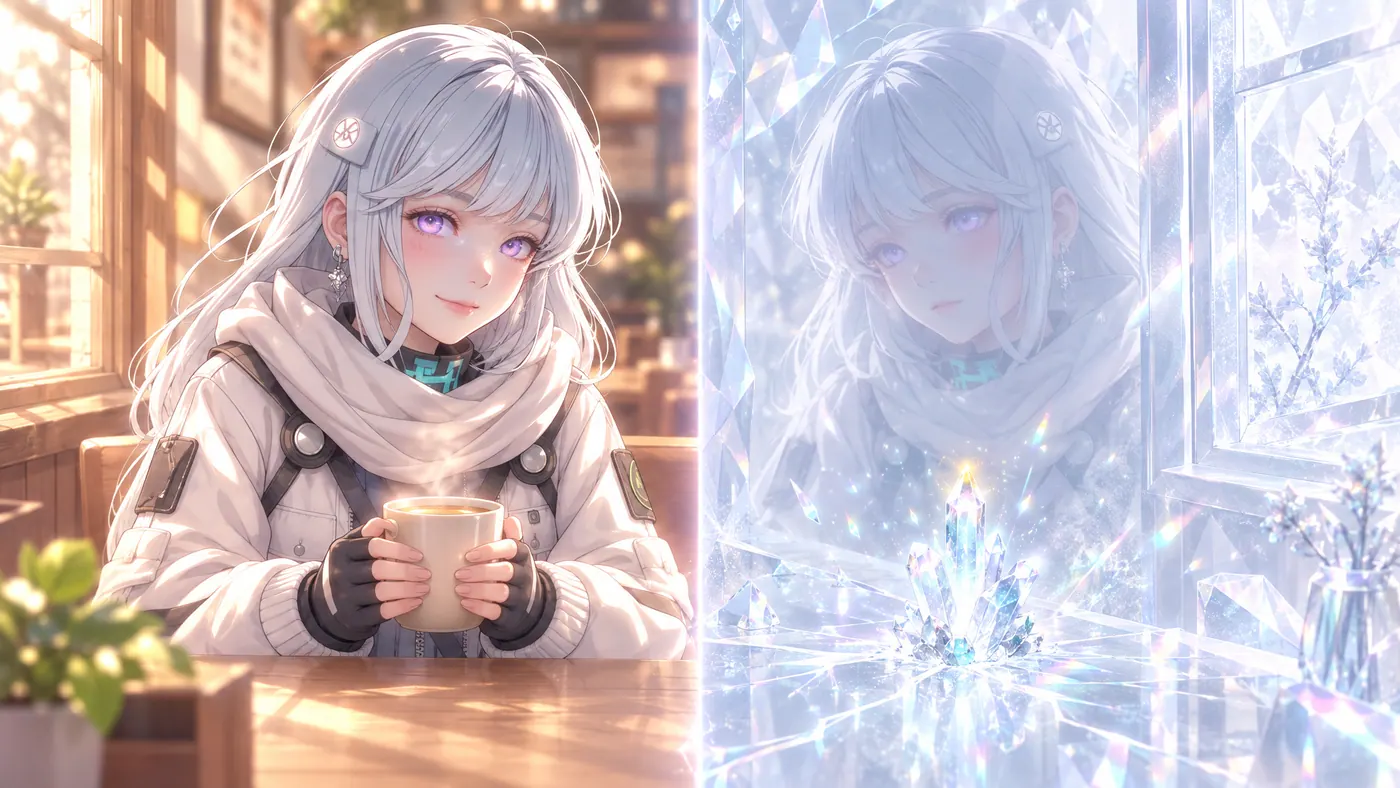 カフェでカップを手にする冒険者と、鏡の向こうで同じ姿のそばに結晶が育つ