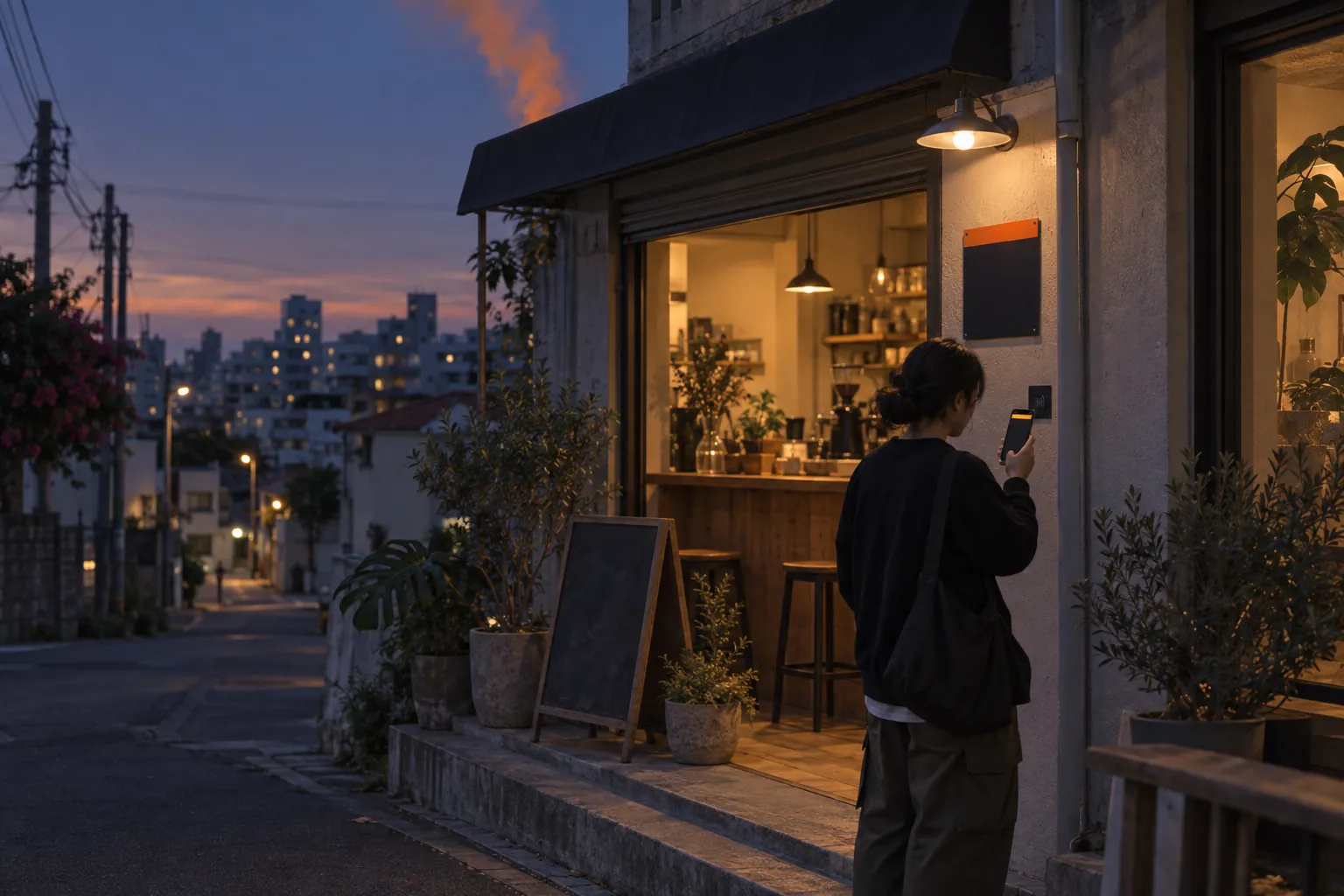 夕暮れのカフェの店先。スマホをかざす人と、軒先から立ちのぼるオレンジの煙
