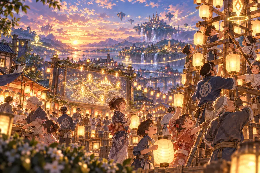 夏祭りの広場で、住民たちが力を合わせて灯籠の塔を立てる