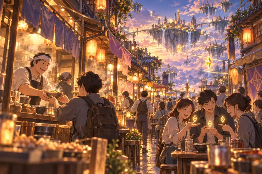 夕暮れの商店街。店主が常連に器を手渡し、客の手のひらに光るしるしが浮かぶ